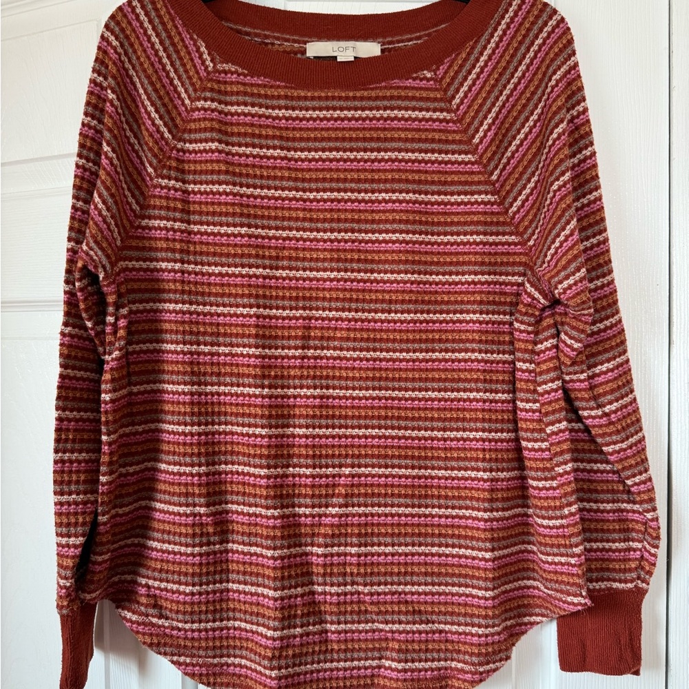 LOFT Striped Waffle Top Rust Pink Stripe